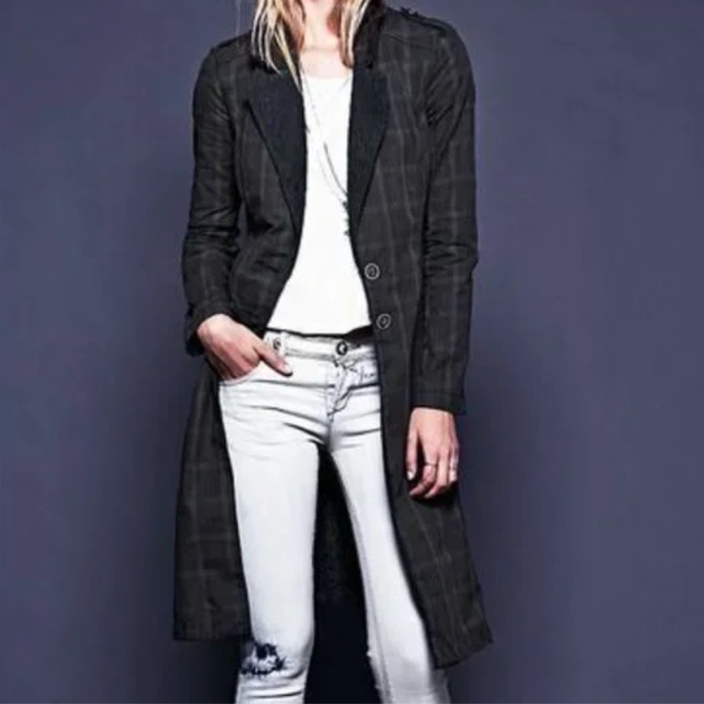 Free People Long Dark Plaid Coat with Lace Detail size 4